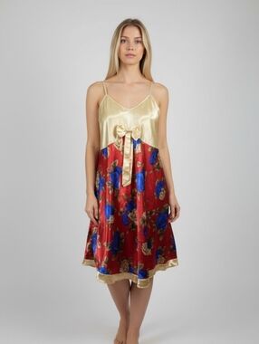 Do Not Disturb Sleep Dress Womens L Silky Bow Roses Ruffle Multicolor Romantic